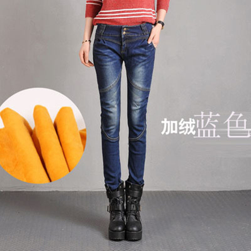 Fleece-lined jeans, women's stretch pencil pants, slimming and slim Korean-style thickened little Halon casual pants, plus-size chubby girls detail image 18