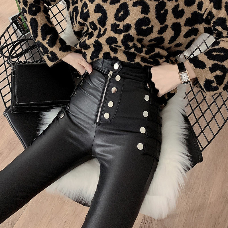 Leather pants with fleece and thickened, high-waisted for women in winter, matte and frosted 2022 new black skinny leggings detail image 7