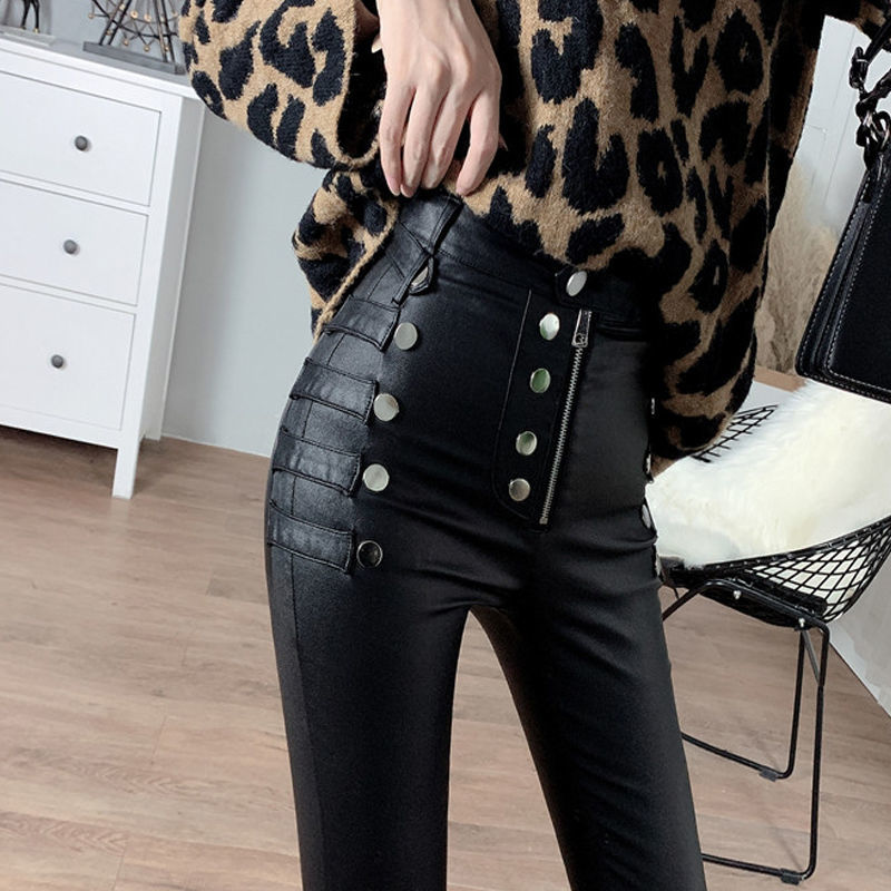Leather pants with fleece and thickened, high-waisted for women in winter, matte and frosted 2022 new black skinny leggings Specification image
