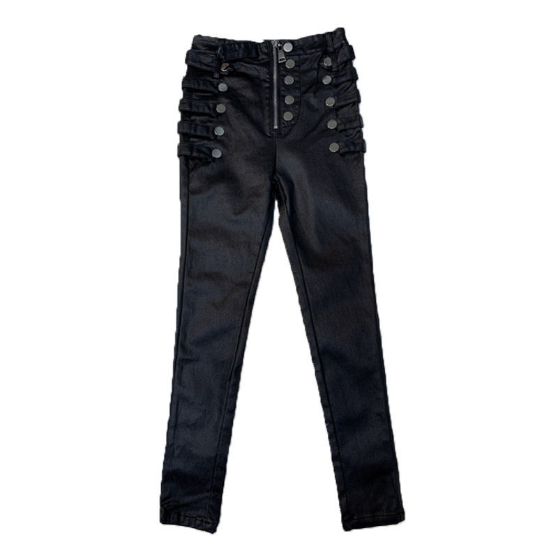Leather pants with fleece and thickened, high-waisted for women in winter, matte and frosted 2022 new black skinny leggings detail image 4