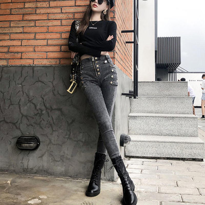 2022秋季新款高腰显瘦百搭牛仔裤女黑色修身铅笔裤女小脚裤子女潮