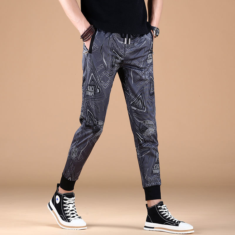 2022男士新款九分裤子休闲裤男薄款印花弹力修身潮流百搭运动卫裤
