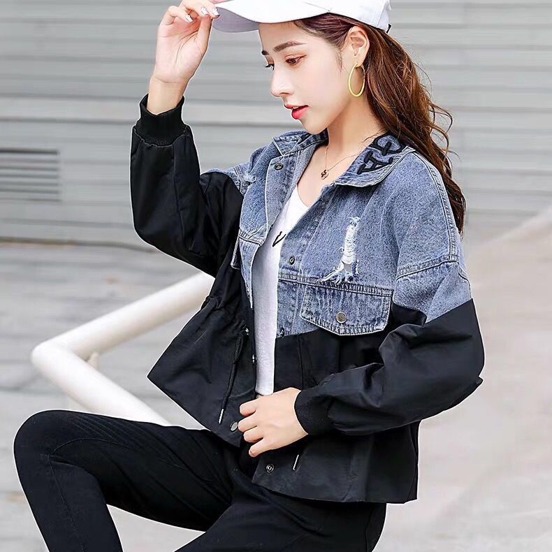 牛仔外套女长袖2022春季新款韩版拼接宽松收腰抽绳短款外套上衣潮详情图1
