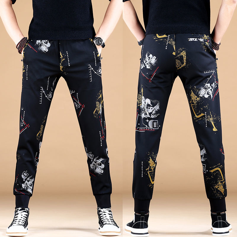 男士潮牌休闲裤子男2022新款潮流印花修身小脚运动裤卫裤弹力百搭详情图7