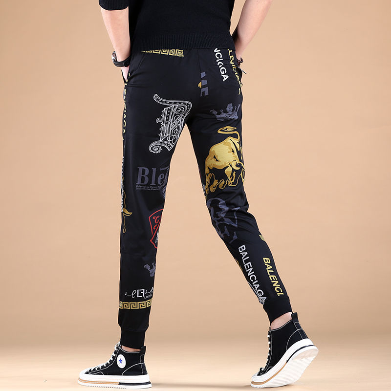 男士潮牌休闲裤子男2022新款潮流印花修身小脚运动裤卫裤弹力百搭详情图6