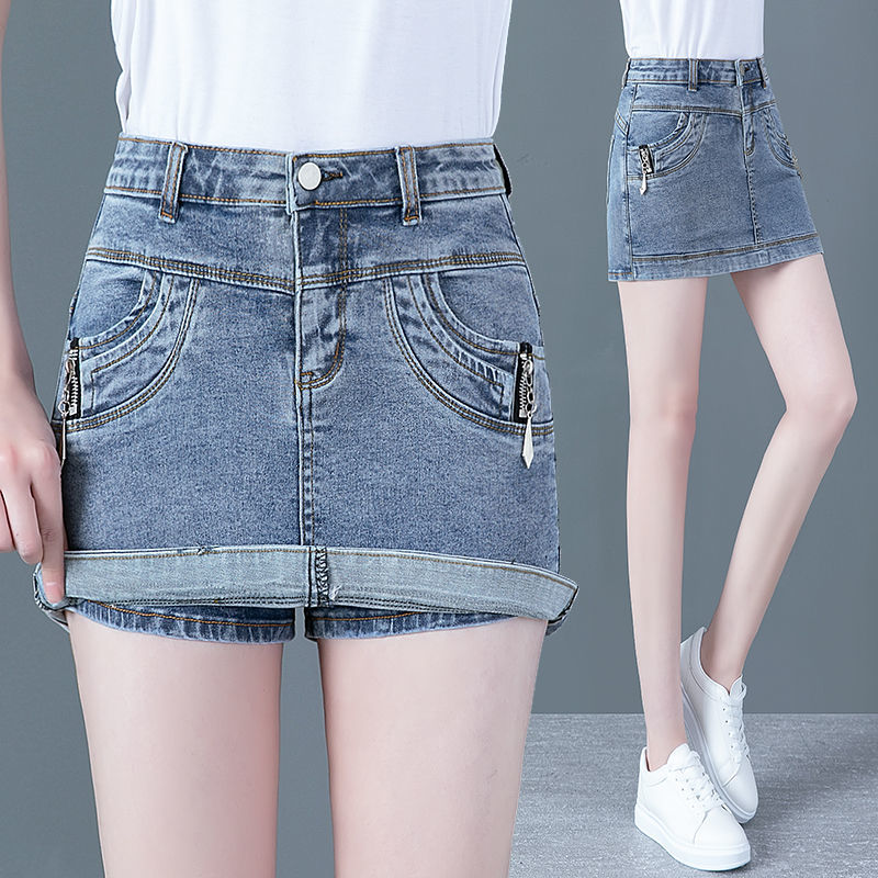 High-waisted denim shorts, women's culottes, 2022 summer new style, elastic hip wrap, anti-glare fake, two A-line skirts, elastic waist detail image 8
