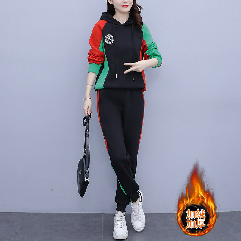 2022年秋冬季新款大码女装胖mm加绒加厚洋气拼接时尚休闲运动套装