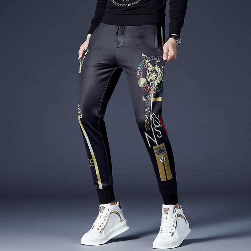 潮牌高端印花秋装休闲裤男2022新款韩版修身时尚束脚男装运动裤子详情图1