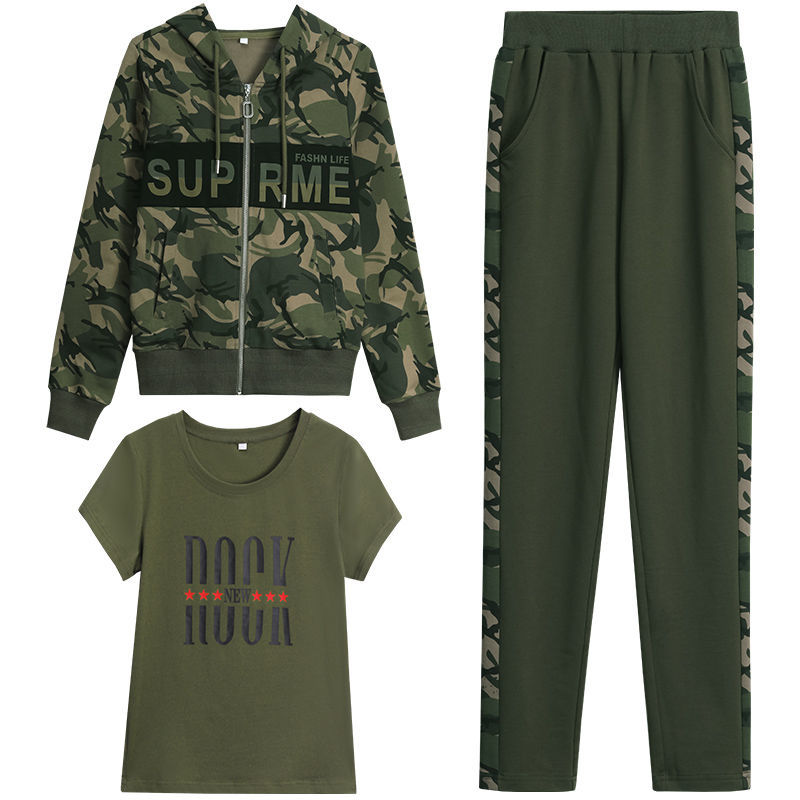 The 2022 autumn new Korean-style fashionable and stylish outdoor hooded long-sleeved three-piece camouflage sportswear set is trendy detail image 2