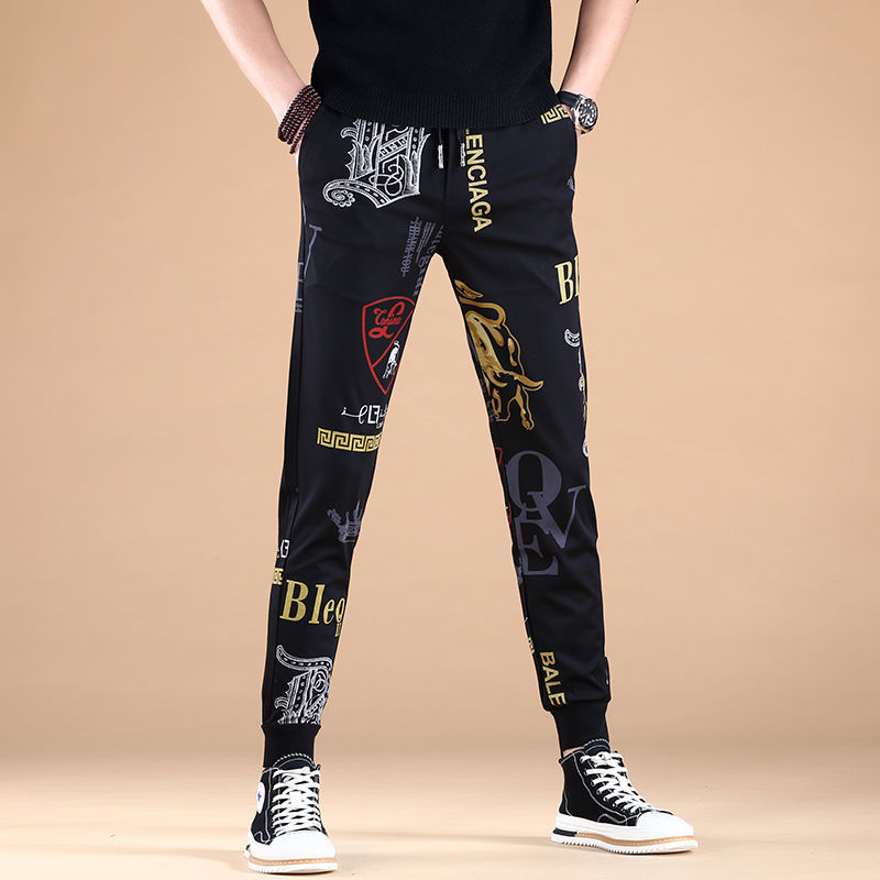 男士潮牌休闲裤子男2022新款潮流印花修身小脚运动裤卫裤弹力百搭详情图2