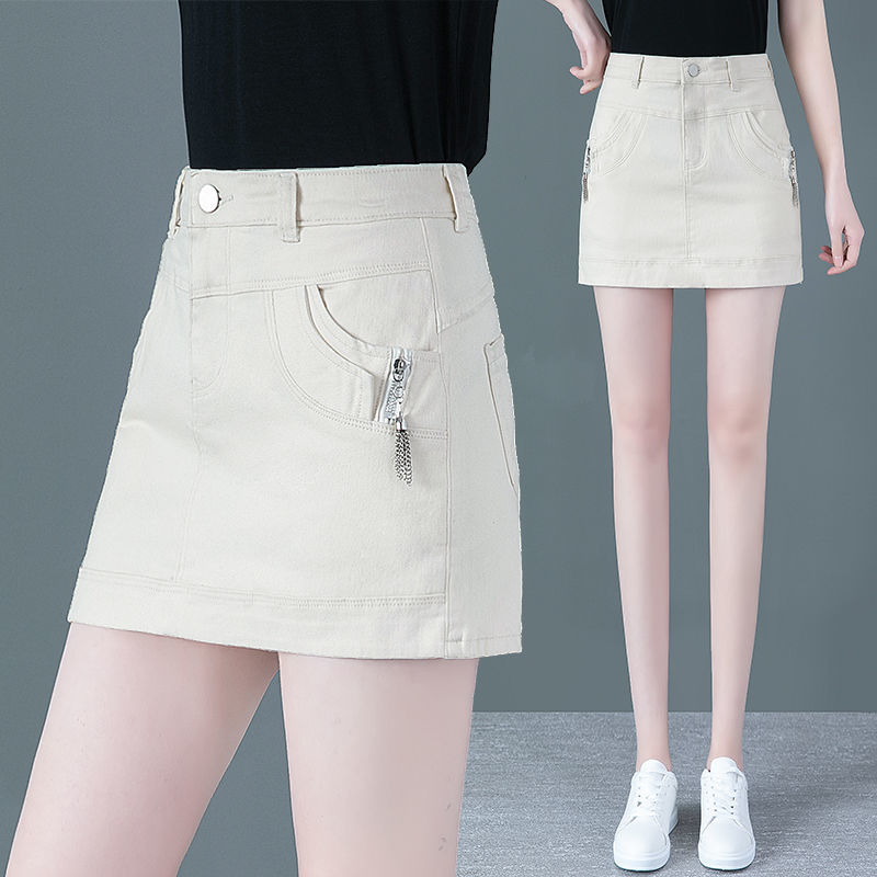 High-waisted denim shorts, women's culottes, 2022 summer new style, elastic hip wrap, anti-glare fake, two A-line skirts, elastic waist details Picture