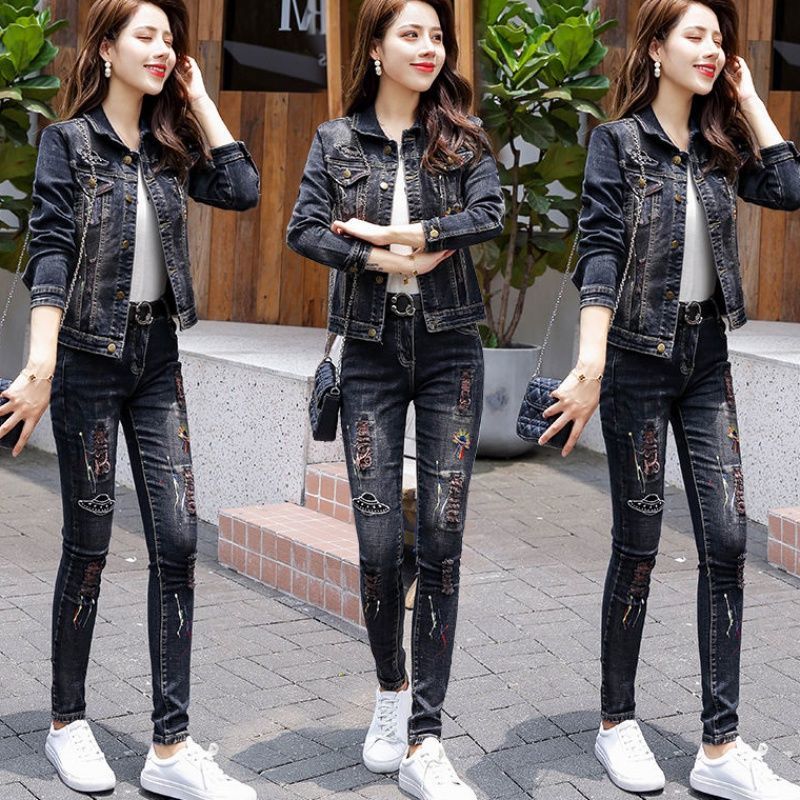 A two-piece retro Hong Kong-style denim jacket for women, a new spring and autumn fashion stretch jeans set Specification image