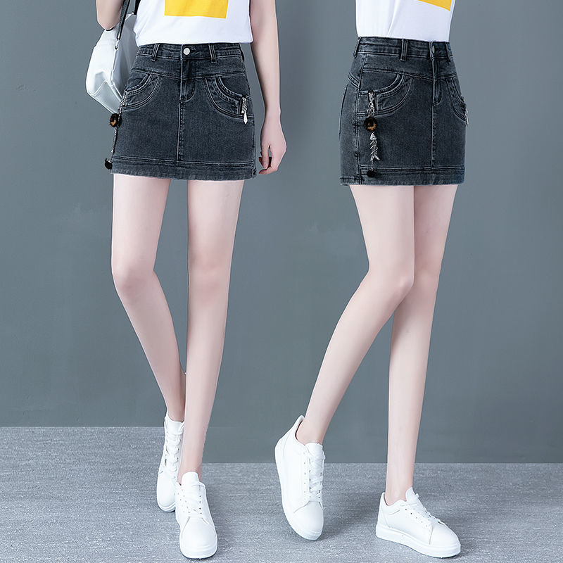 High-waisted denim shorts, women's culottes, 2022 summer new style, elastic hip wrap, anti-glare fake, two A-line skirts, elastic waist detail image 2