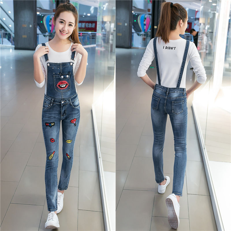 New Korean-style student slimming and slimming detachable elastic skinny denim jumpsuit with shoulder straps for women Application Scenario