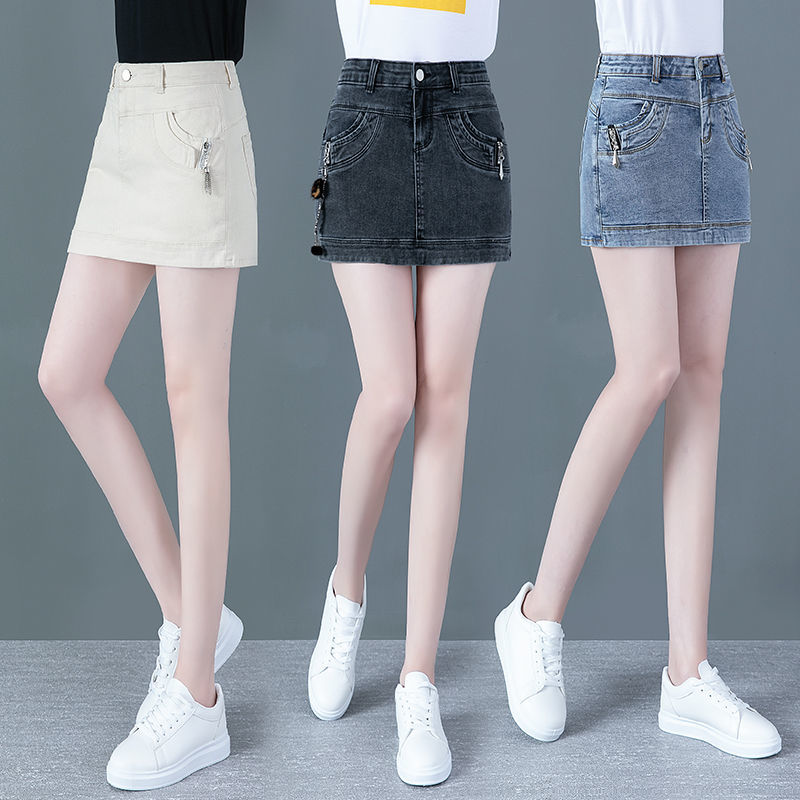 High-waisted denim shorts, women's culottes, 2022 summer new style, elastic hip wrap, anti-glare fake, two A-line skirts, elastic waist detail image 6