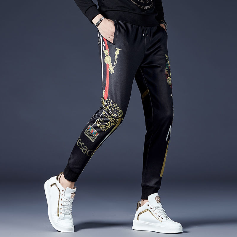 潮牌高端印花秋装休闲裤男2022新款韩版修身时尚束脚男装运动裤子详情图5