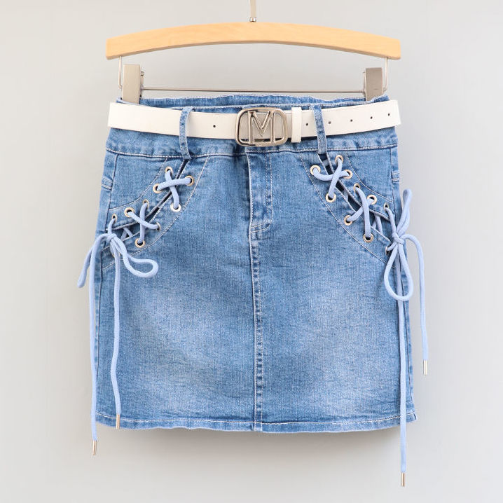 时尚绑带蝴蝶结牛仔短裙女2022新款高腰修身显瘦A字裙弹力半身裙详情图3