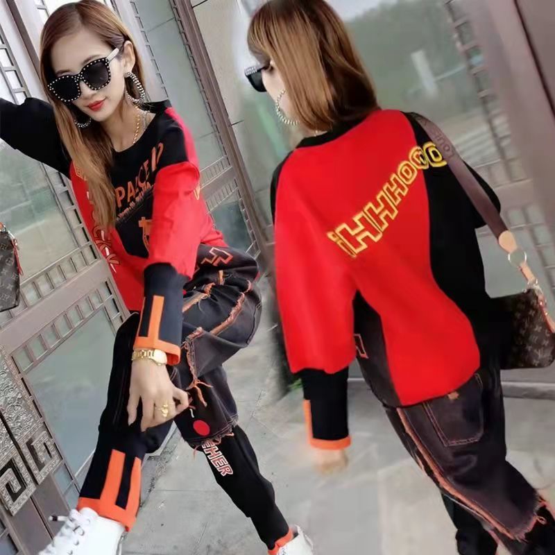 2022秋季新款牛仔套装女韩版时尚网红拼接时髦洋气印花显瘦两件套