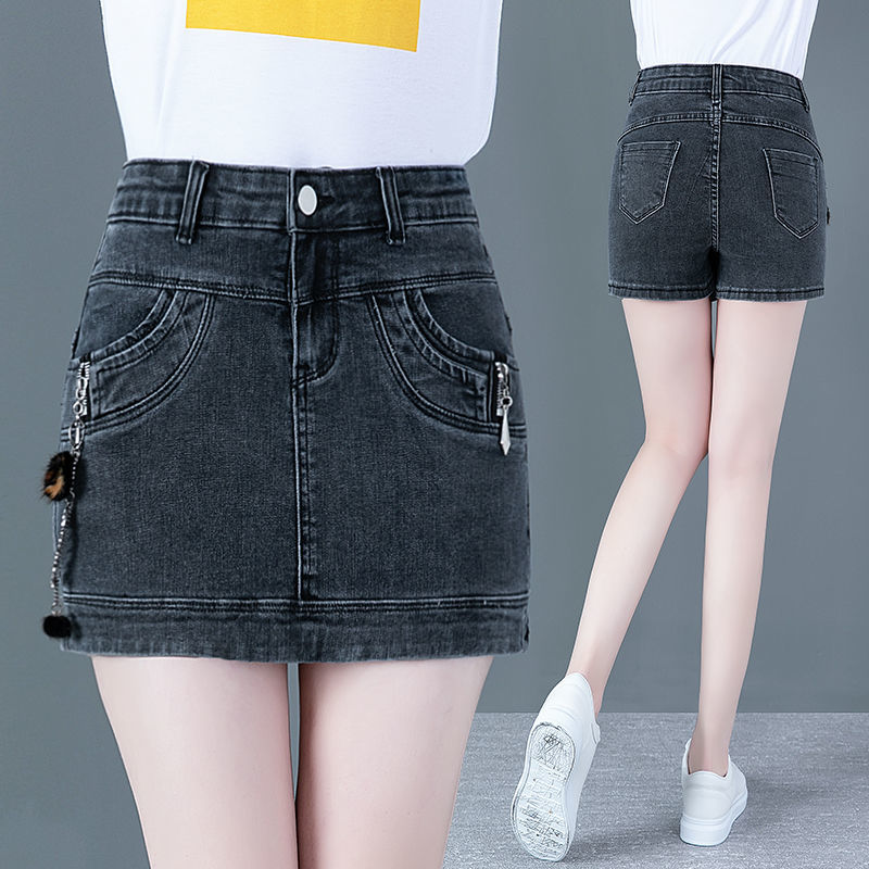 High-waisted denim shorts, women's culottes, 2022 summer new style, elastic hip wrap, anti-glare fake, two A-line skirts, elastic waist detail image 3
