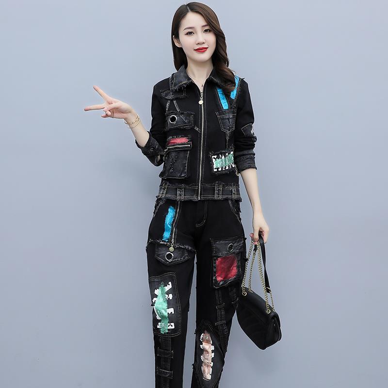 欧洲站2022春秋女装大码拼接显瘦上衣哈伦裤长裤休闲套装两件套潮