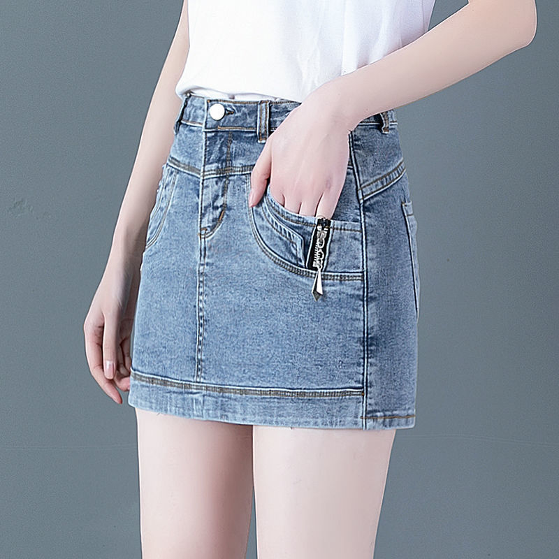 High-waisted denim shorts, women's culottes, 2022 summer new style, elastic hip wrap, anti-glare fake, two A-line skirts, elastic waist detail image 4
