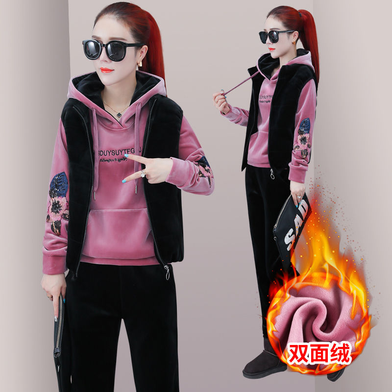 加绒加厚休闲运动套装女2022年新款春秋冬季时尚运动服女装两件套