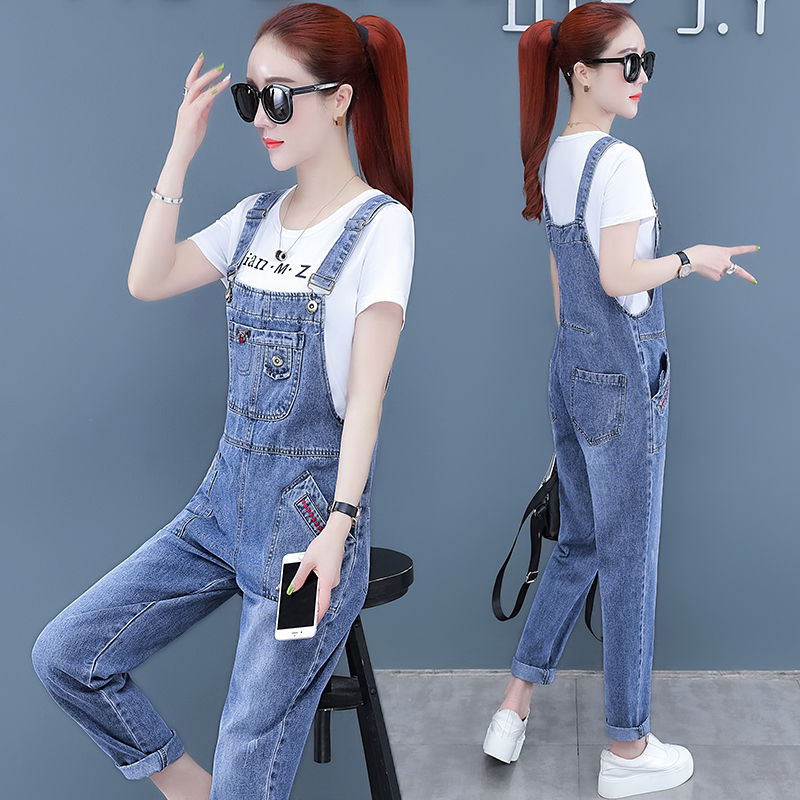 Denim overalls for female students, Korean style loose, youthful and slimming 2022 Spring and Autumn new versatile and popular one-piece trousers detail image 1