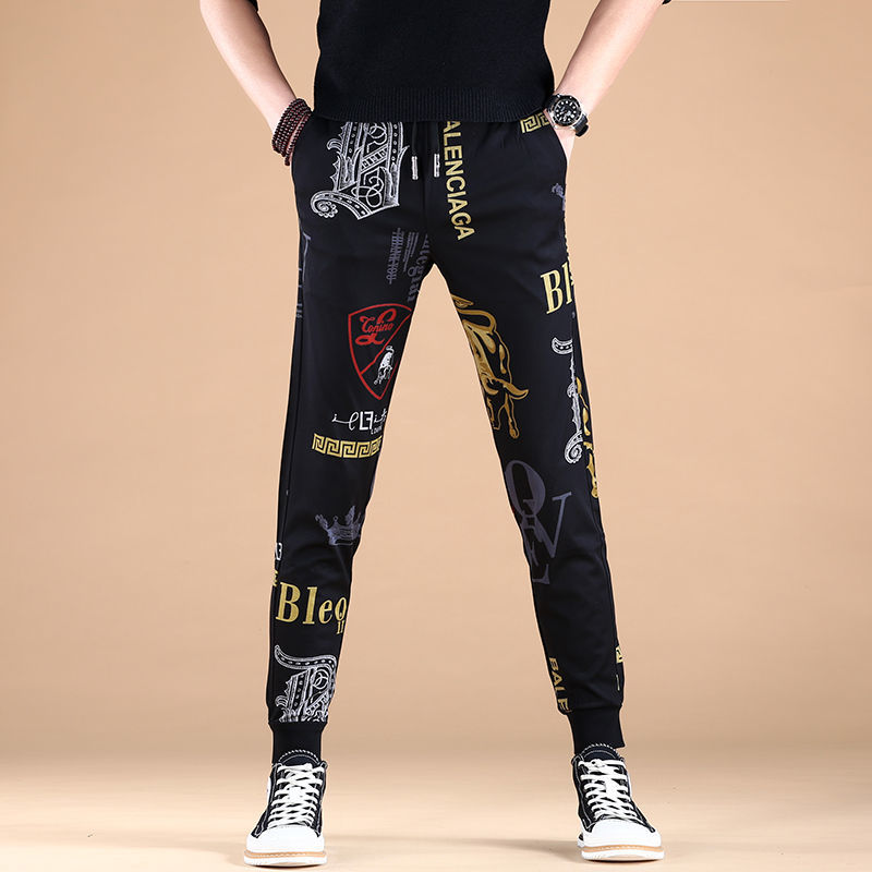 男士潮牌休闲裤子男2022新款潮流印花修身小脚运动裤卫裤弹力百搭详情图1