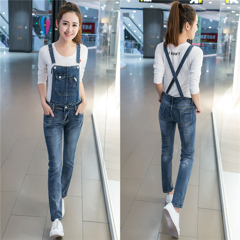 New Korean-style student slimming and slimming detachable elastic skinny denim jumpsuit with shoulder straps for women detail image 5