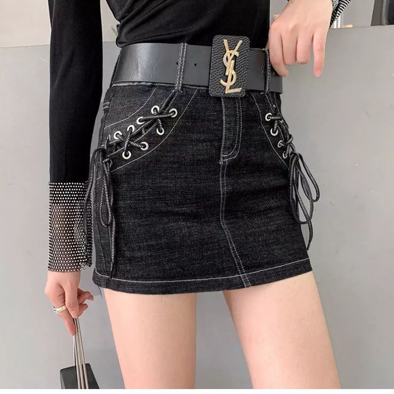 时尚绑带蝴蝶结牛仔短裙女2022新款高腰修身显瘦A字裙弹力半身裙详情图9