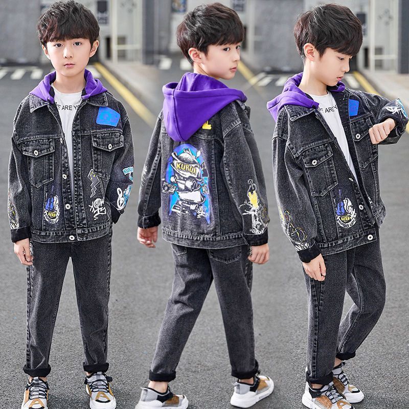 儿童春装男童装男童牛仔套装2022新款春秋中大童男孩洋气时髦潮酷