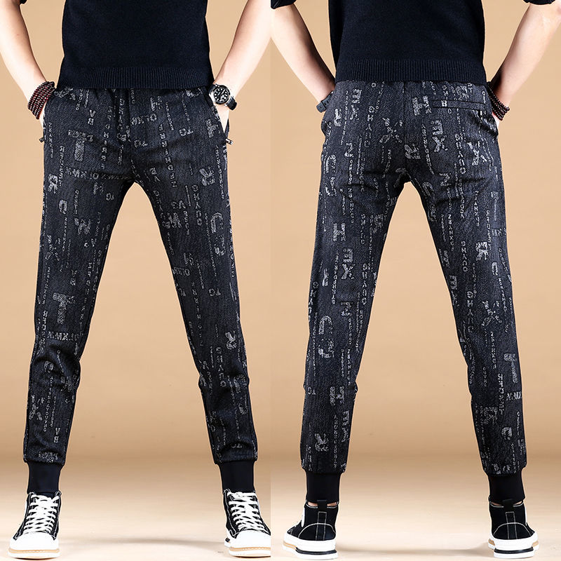 男士潮牌休闲裤子男2022新款潮流印花修身小脚运动裤卫裤弹力百搭