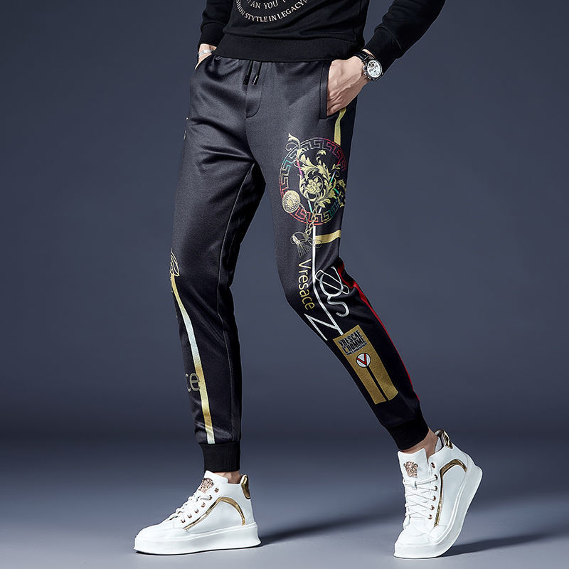 潮牌高端印花秋装休闲裤男2022新款韩版修身时尚束脚男装运动裤子详情图2