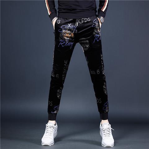 Pantalón de pana hombre otoño invierno grueso slim pantalón de pie pequeño hombre tendencia impresión bouquet pie pantalón deportivo negro detail image 1