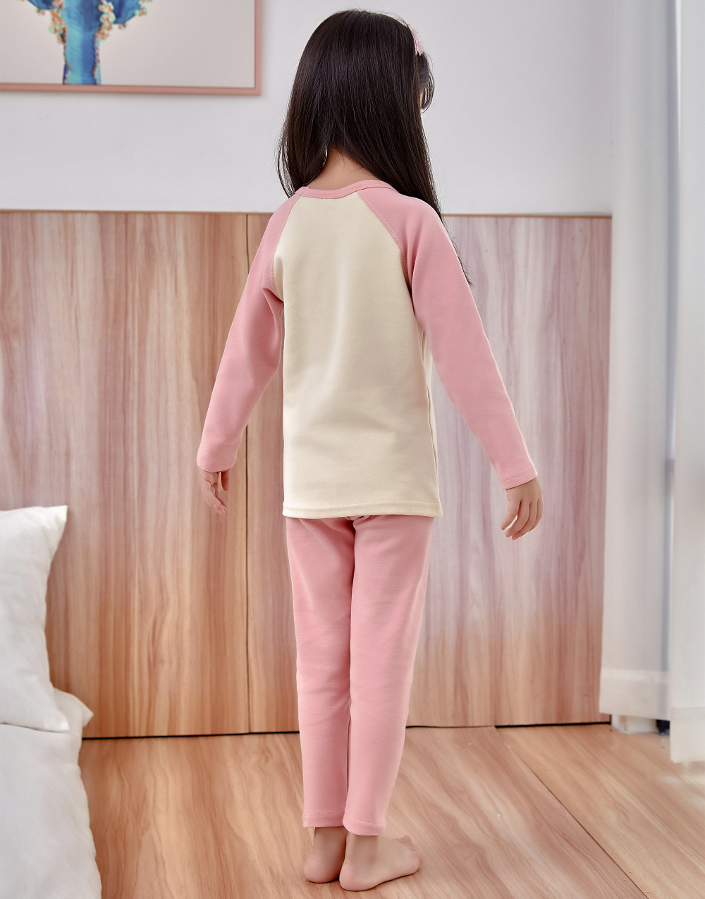 舒绒彩棉加厚儿童保暖内衣套装 白底实物图