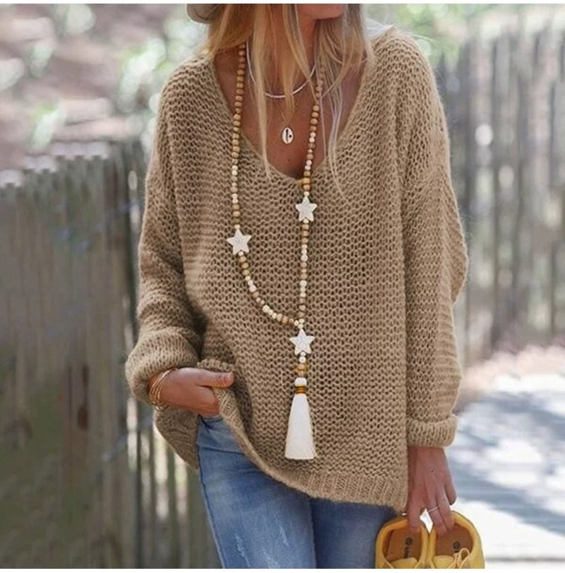 Handmade Bohemian-style long necklace and sweater chain with wooden beads and five-pointed stars