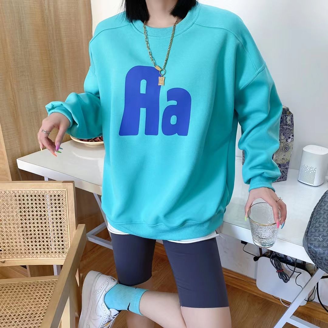 Aa letter printed round-neck hoodie for women 2022 early Spring new collection, loose and versatile, bf laid-back style, no fleece top, trendy Item Picture