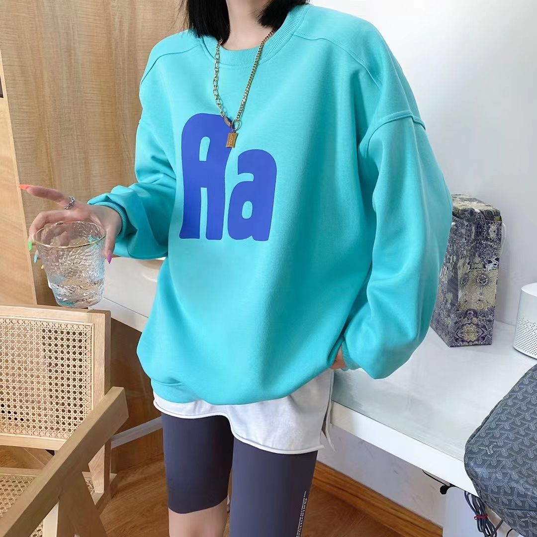 Aa letter printed round-neck hoodie for women 2022 early Spring new collection, loose and versatile, bf laid-back style, no fleece top, trendy detail image 5