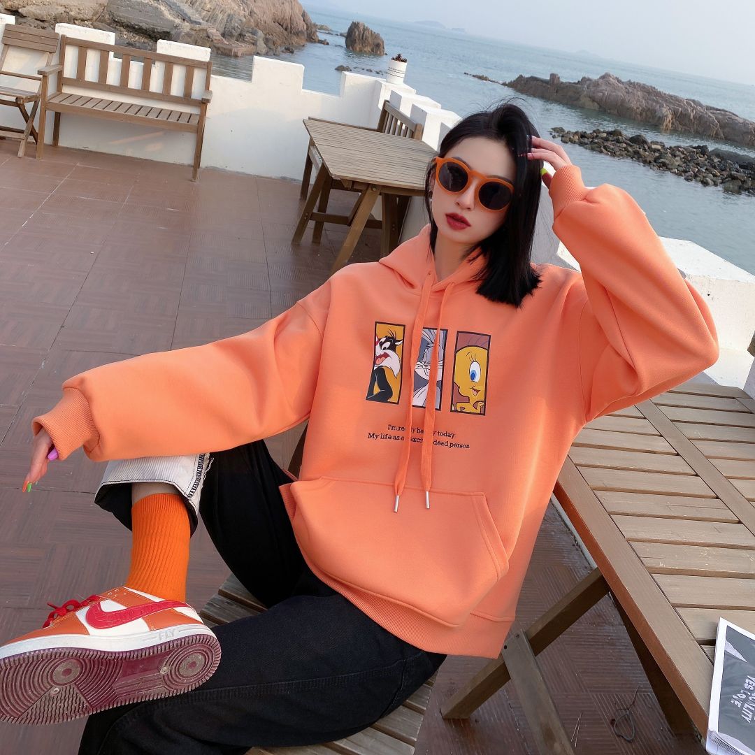 Cartoon hooded sweatshirt for women Spring new Korean style drawstring student pullover college style cute and youthful top details Picture