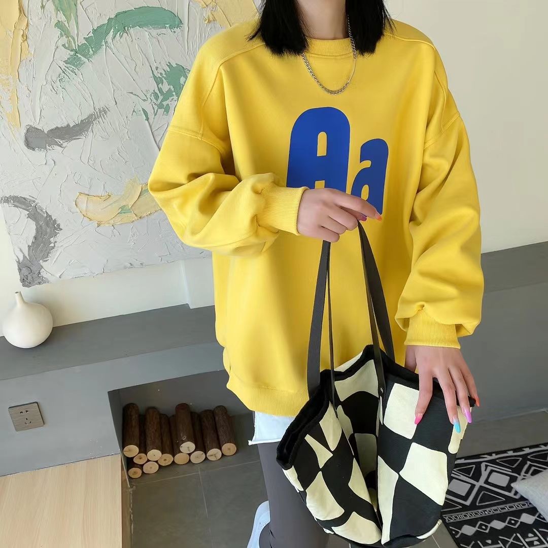 Aa letter printed round-neck hoodie for women 2022 early Spring new collection, loose and versatile, bf laid-back style, no fleece top, trendy details Picture