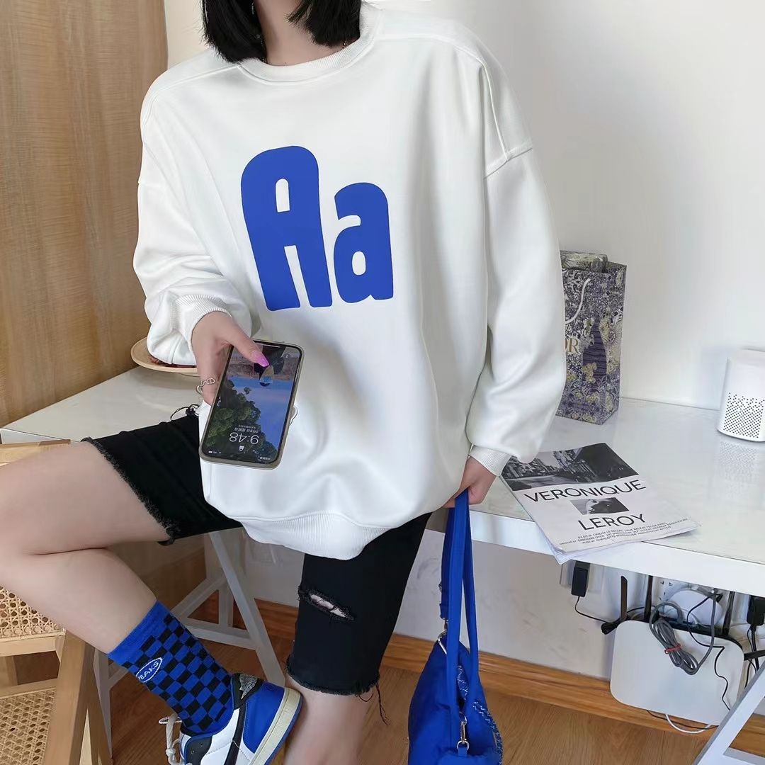 Aa letter printed round-neck hoodie for women 2022 early Spring new collection, loose and versatile, bf laid-back style, no fleece top, trendy detail image 6