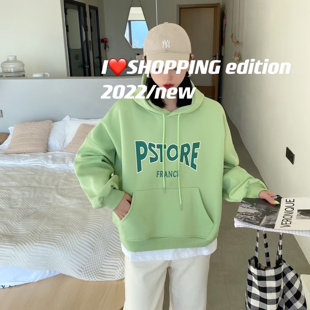 Hooded sweatshirt women's 2022 spring collection from South Korea: Loose and versatile long-sleeved faux two-piece letter-printed thin top detail image 4