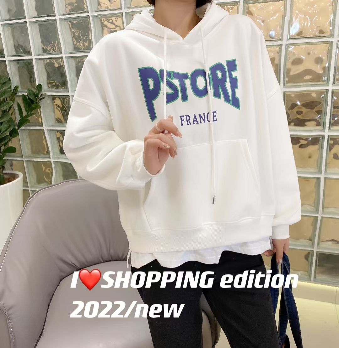 Hooded sweatshirt women's 2022 spring collection from South Korea: Loose and versatile long-sleeved faux two-piece letter-printed thin top Item Picture