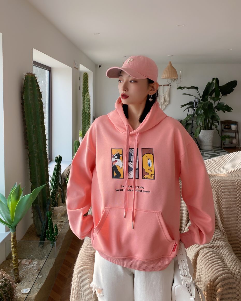 Cartoon hooded sweatshirt for women Spring new Korean style drawstring student pullover college style cute and youthful top detail image 4
