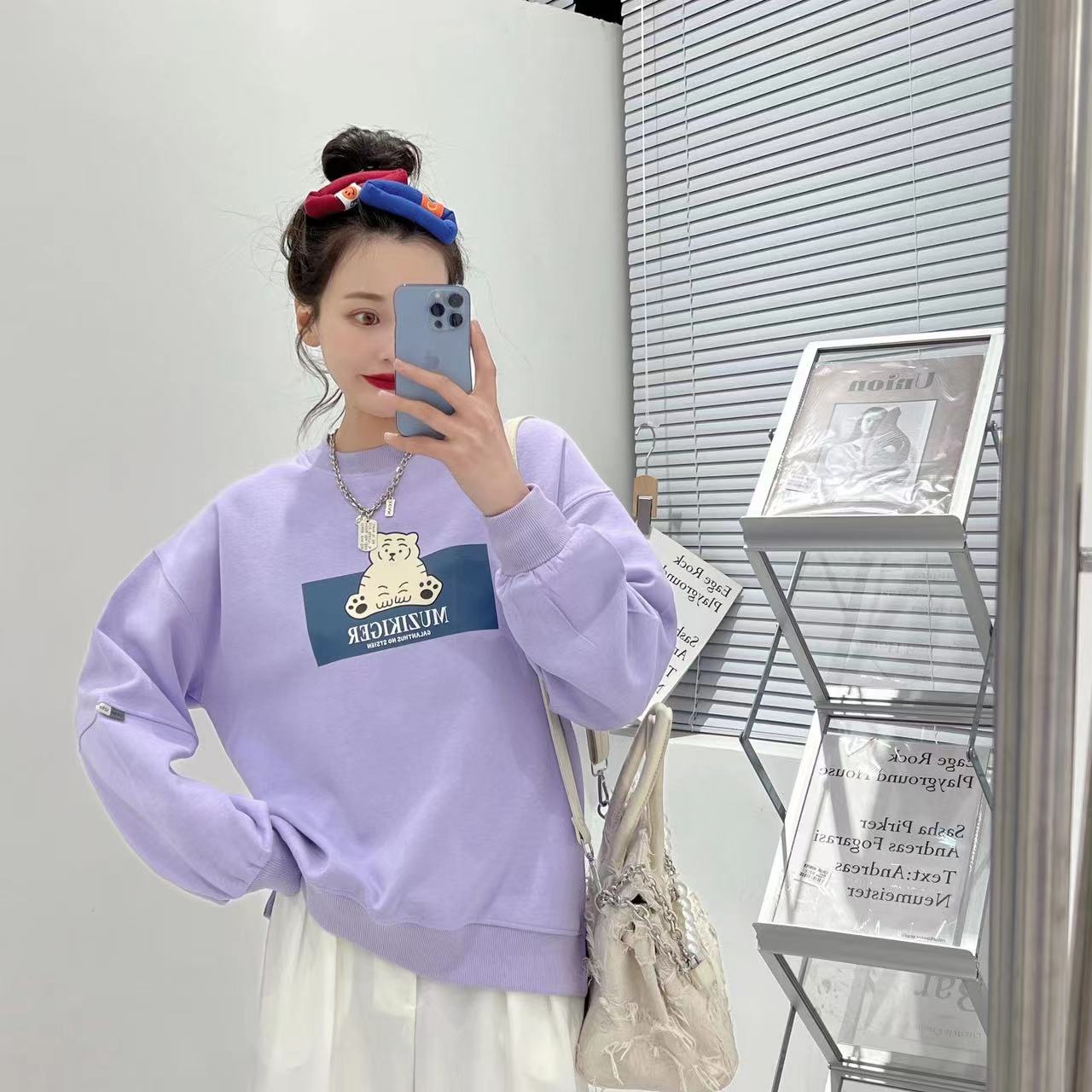 Adorable cartoon letras estampado cuello redondo manga larga colegiado mujer hoodies top primavera details Picture