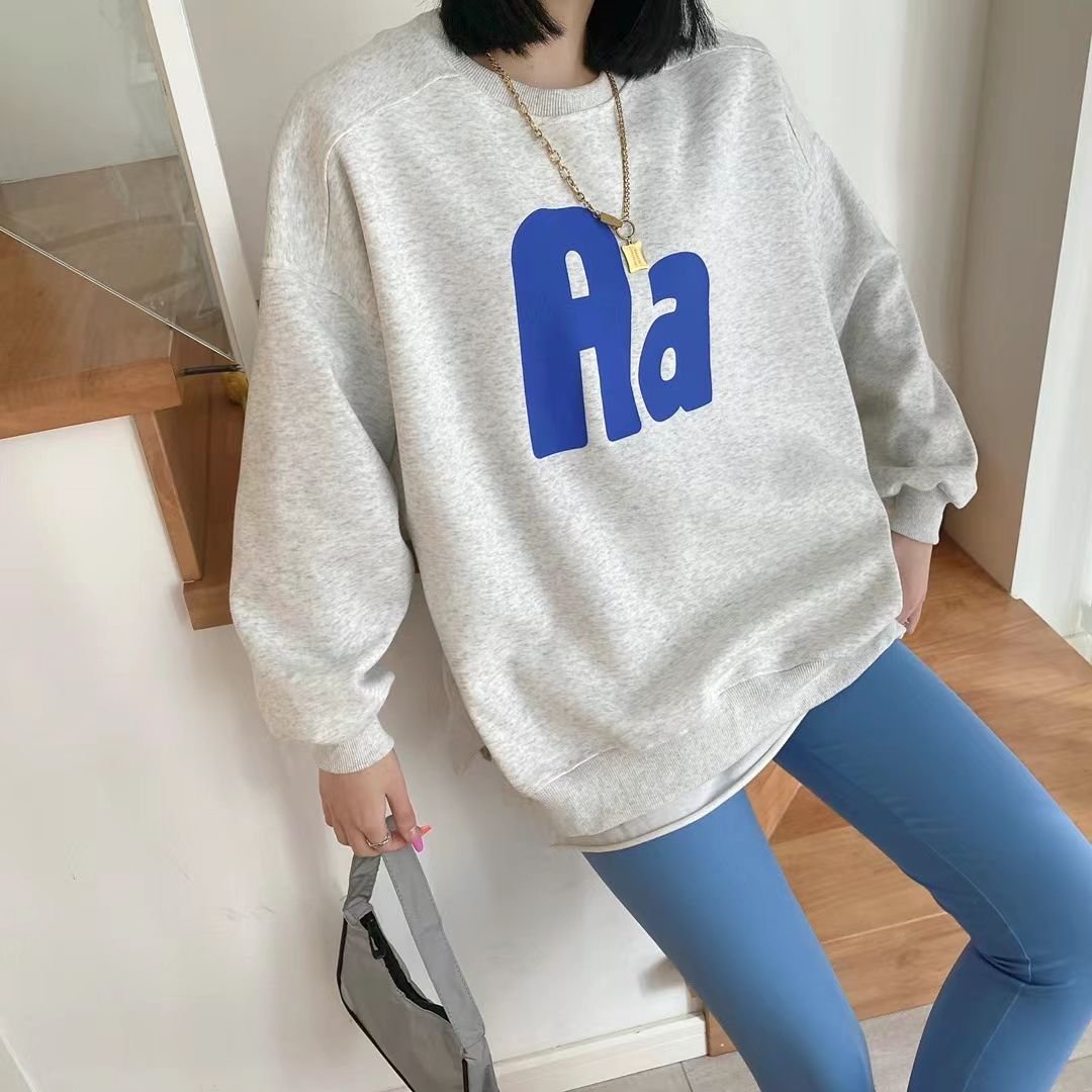 Aa letter printed round-neck hoodie for women 2022 early Spring new collection, loose and versatile, bf laid-back style, no fleece top, trendy detail image 4