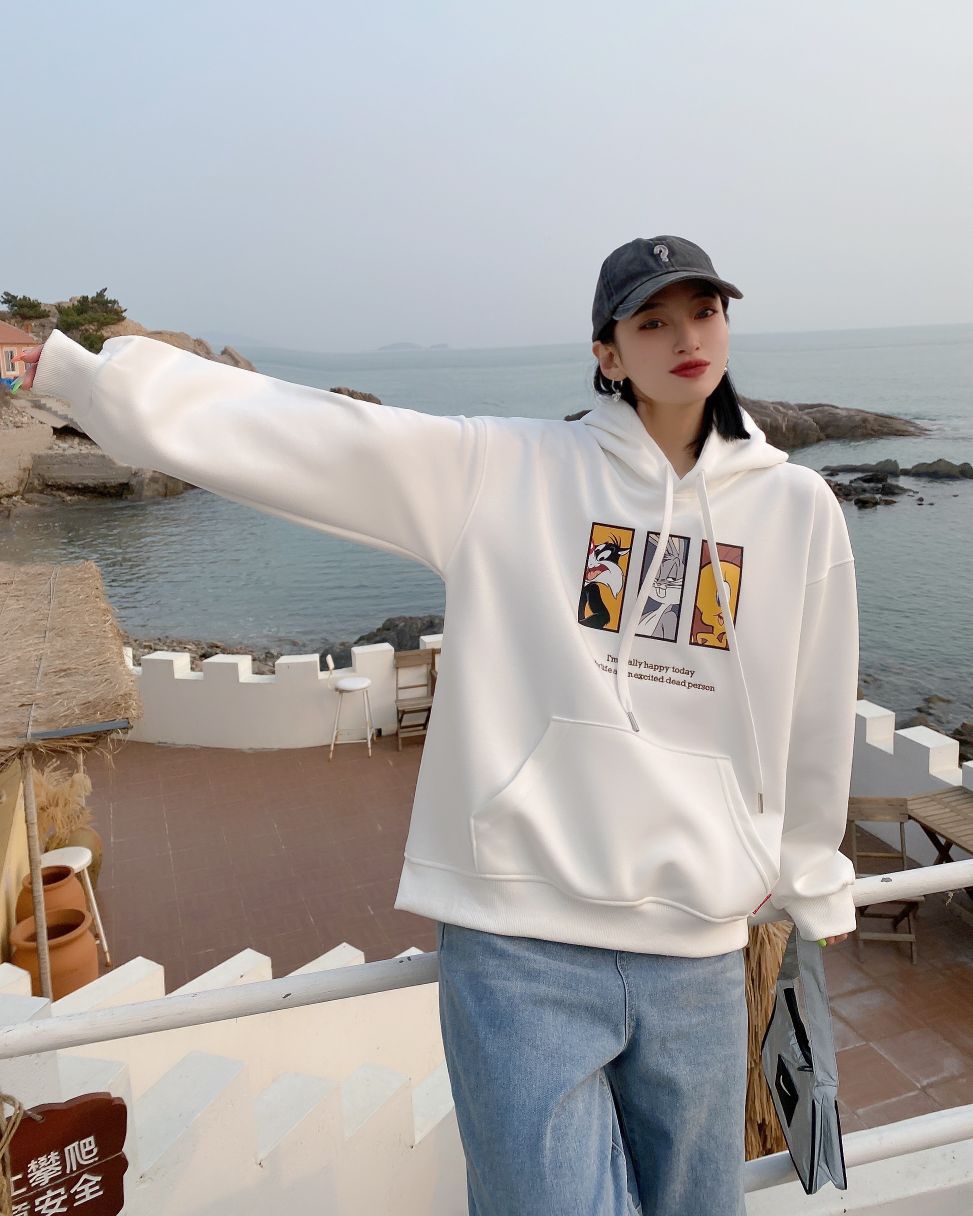Cartoon hooded sweatshirt for women Spring new Korean style drawstring student pullover college style cute and youthful top detail image 2