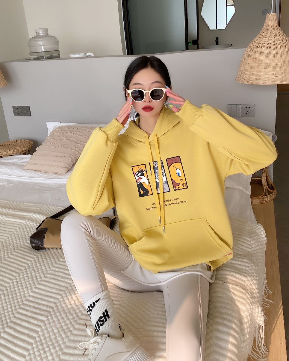 Cartoon hooded sweatshirt for women Spring new Korean style drawstring student pullover college style cute and youthful top detail image 5