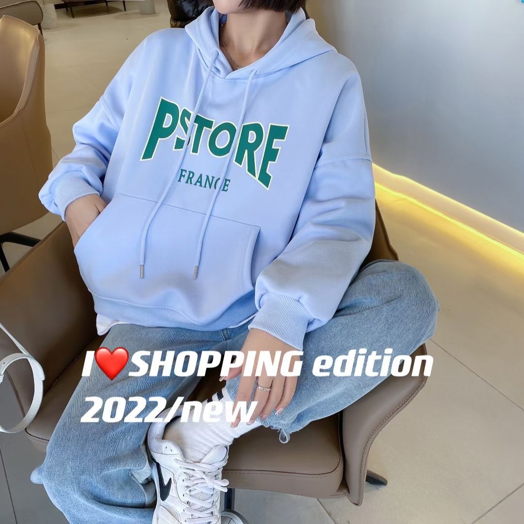 Hooded sweatshirt women's 2022 spring collection from South Korea: Loose and versatile long-sleeved faux two-piece letter-printed thin top detail image 6