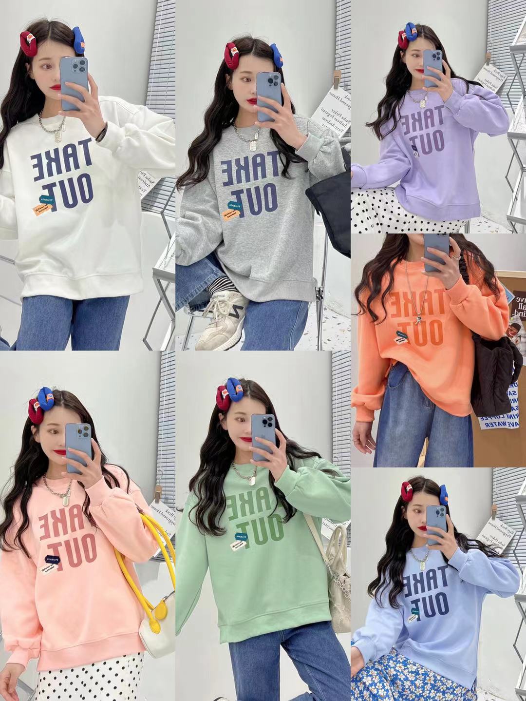 The new spring 2022 spring collection of a chunky blue cream-colored hoodie for women with a round neck and no hat, featuring a loose top and a laid-back style detail image 1